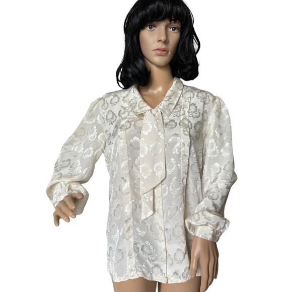 Vintage JOZELL Puff Sleeve 80's cream floral print blouse with necktie size 9/10 - Picture 16 of 16